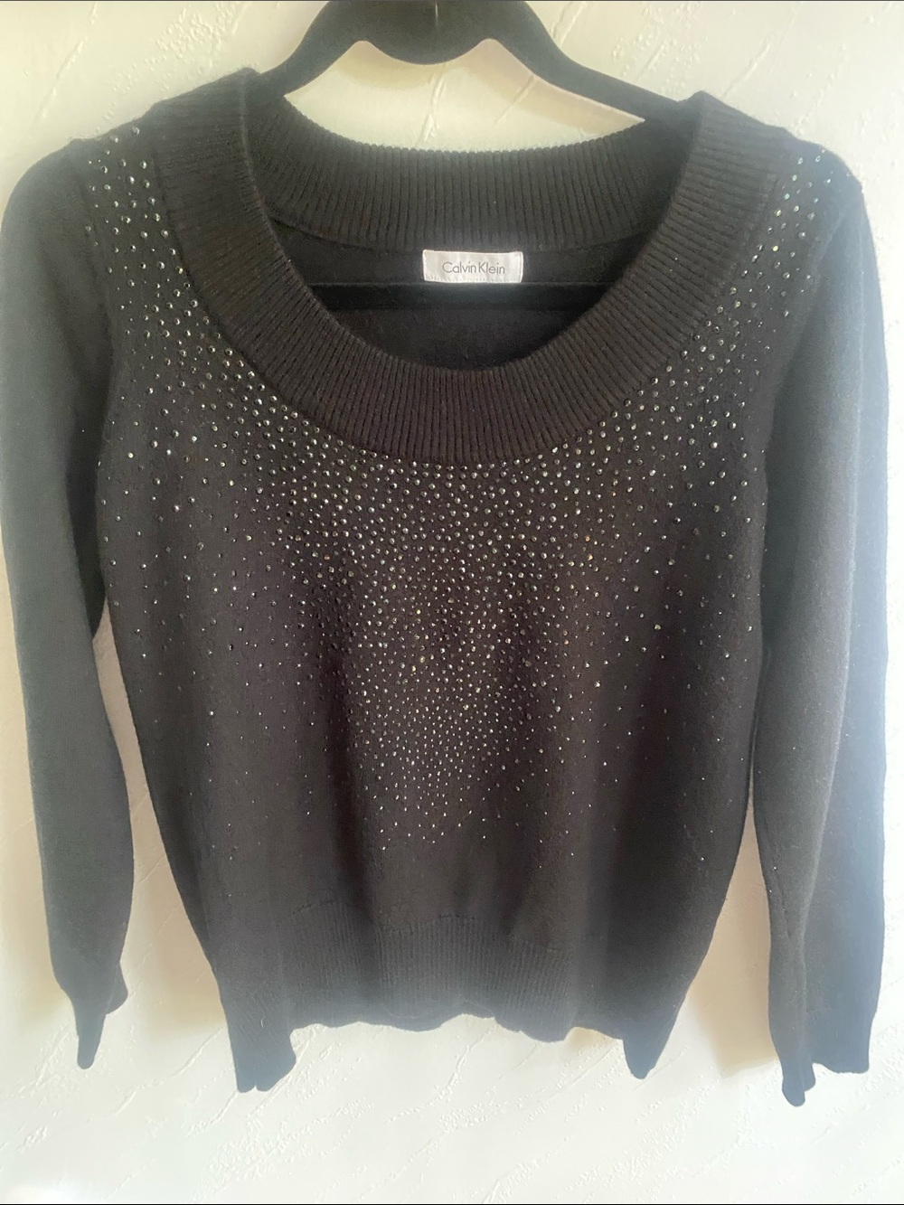 Calvin Klein Black Scoop Neck Sweater with Rhinestone Detail